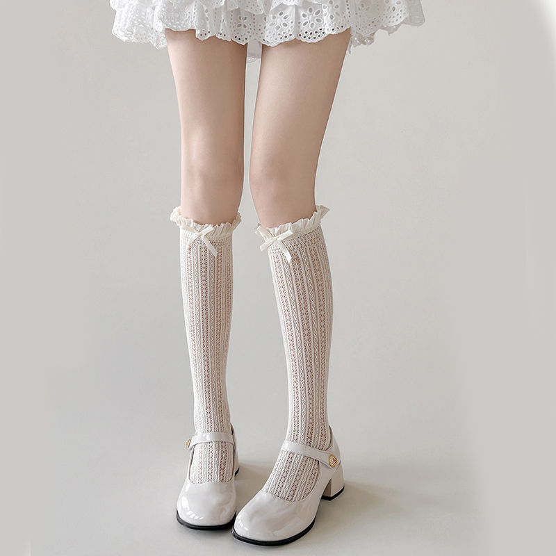 Lace Sweet Socks for Women with Floral Edges and Bowknots, Long Tube Socks for Spring and Summer, Thin Ballet-Style Mid-Tube Lolita Slouch Socks