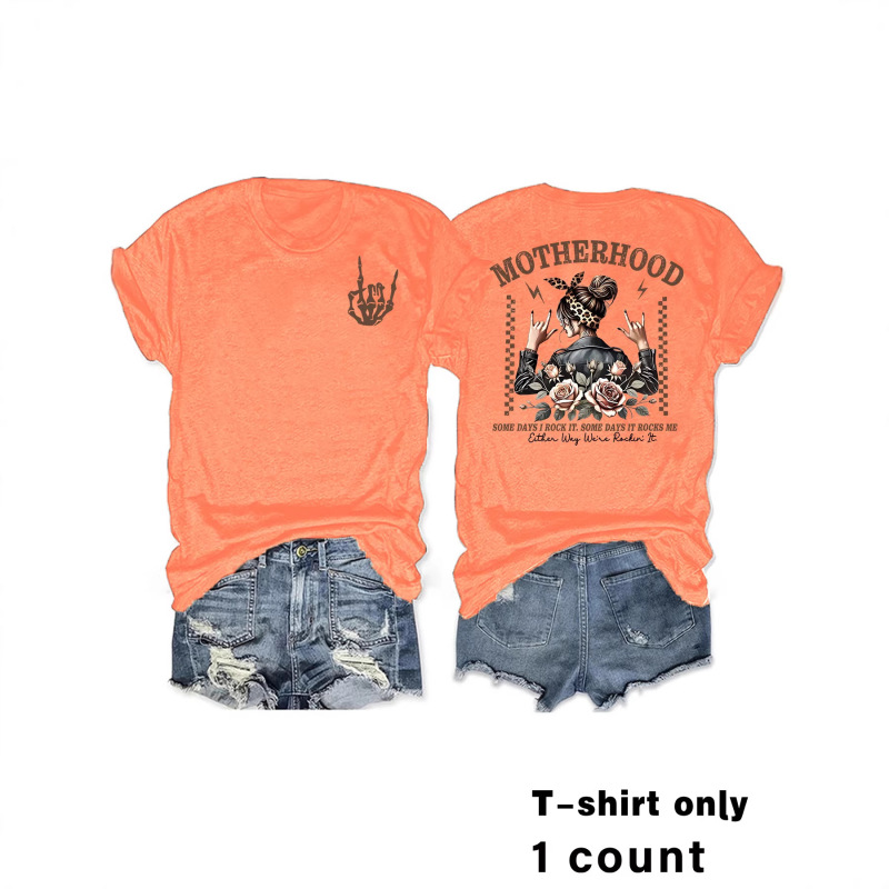 Rock and Roll Motherhood Graphic T-Shirt - "Sometimes I'M a Rock Star" T-Shirt with Rose and Lightning Print, Round Neck