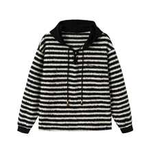 原创美式小众黑白条纹厚毛圈连帽情侣卫衣冬季新款男女上衣