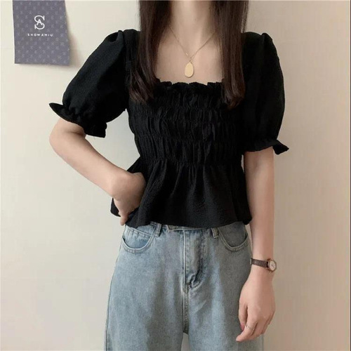 Summer Korean Version Plump Sister Slimming Top Women's Collar Plication Wood Ear Edge Versatile Shirt Women's Short Sleeve Chiffon Shirt