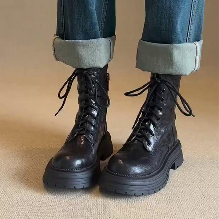 Cowhide~Genuine Leather Thick-Soled Lace-Up Martin Boots for Women 2025 New British Style Round-Toe Side Zipper Short Boots with Chunky Heels