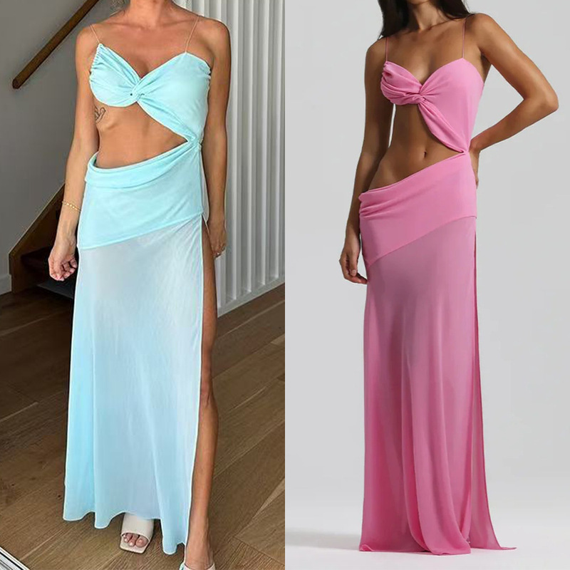 Independent Brand Spaghetti Strap Hollow-Out Slit Dress European and American Women's Fashion Solid Color Sexy Slim Fit Tube Top High-Waisted Long Dress 8111 Independent Brand Spaghetti Strap Hollow-Out Slit Dress European and American Women's Fashion Solid Color Sexy Slim Fit Tube Top High-Waisted Long Dress 8111