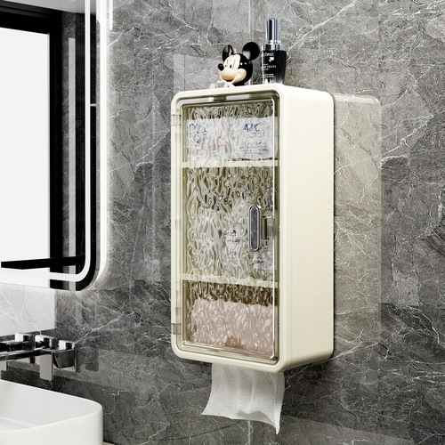 Home Waterproof Tissue Box Wall Mount Invisible Hole-Free Paper Towel Holder Large Storage Rack High Capacity Storage Box