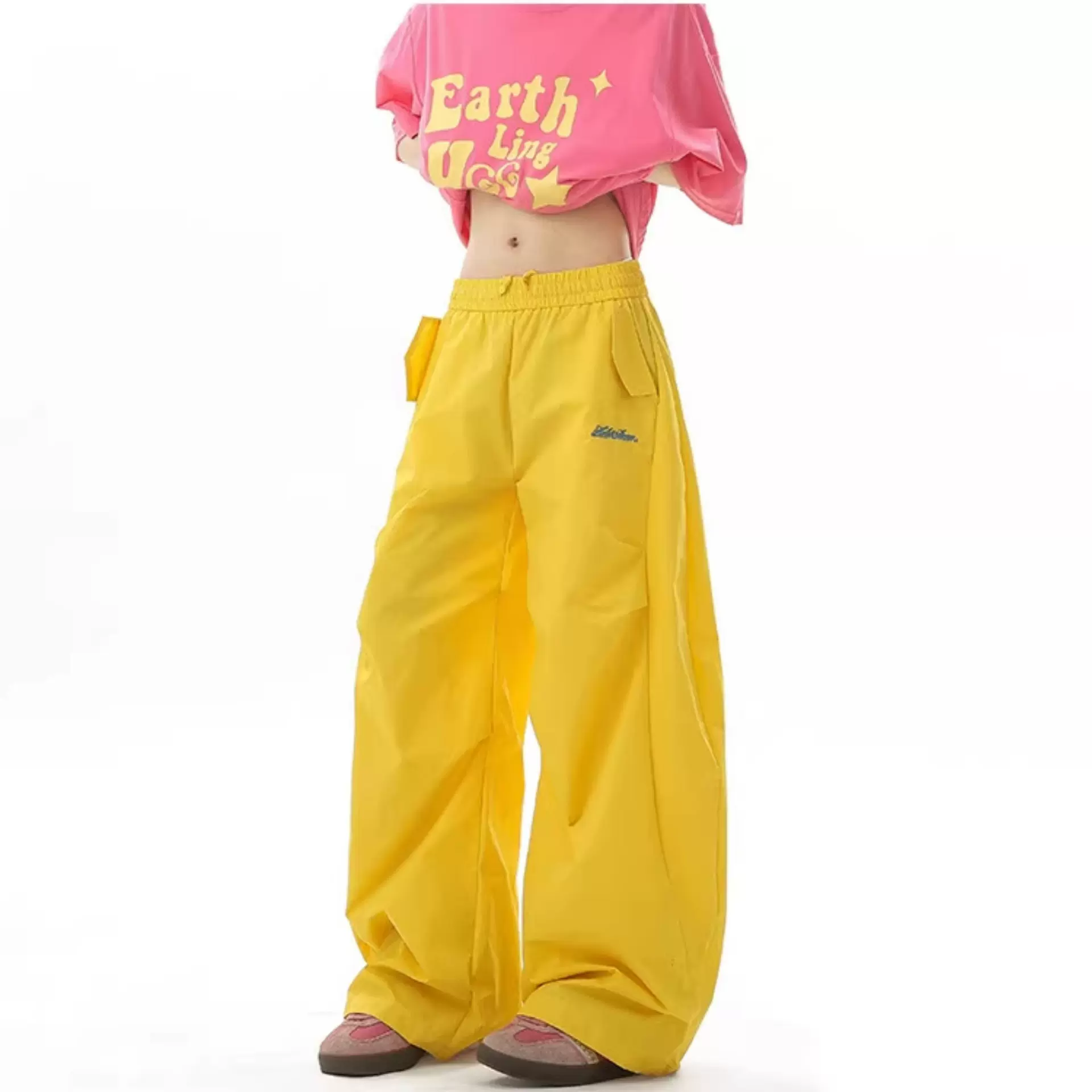 废土风美式潮牌街舞弯刀爆款褶皱阔腿多巴胺彩色宽松抽绳休闲长裤