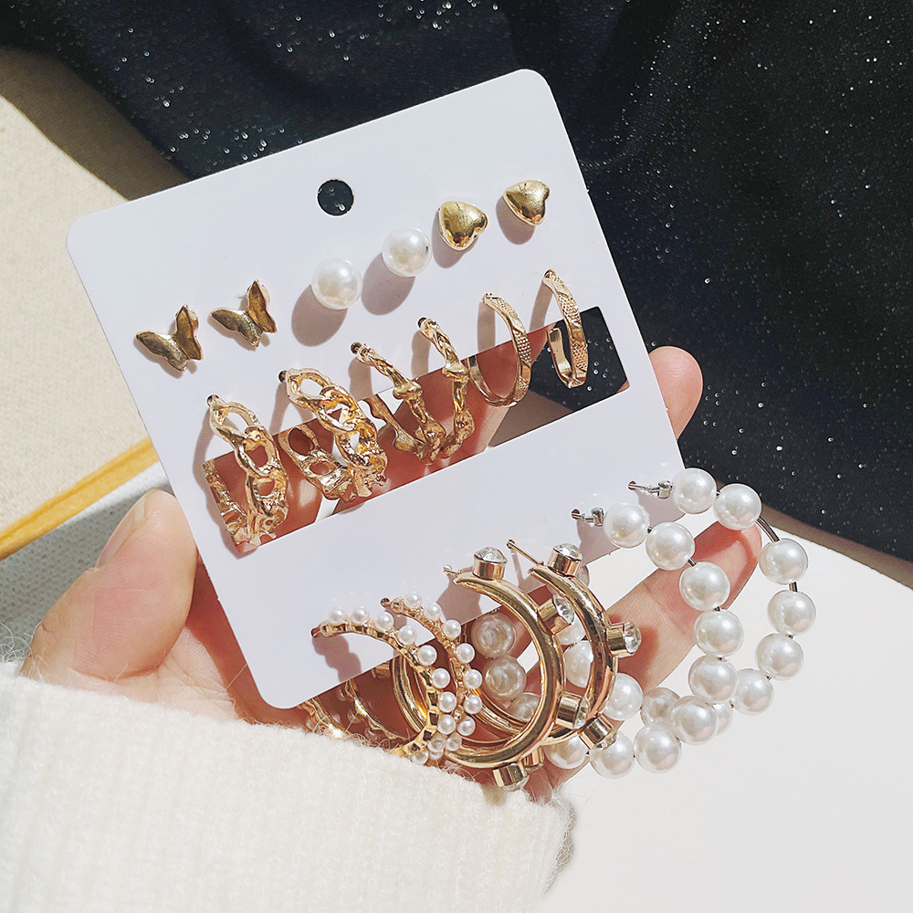 Korean fashion butterfly love 9 pairs of earrings set pearl rhinestone golden geometric earrings wholesalepicture4