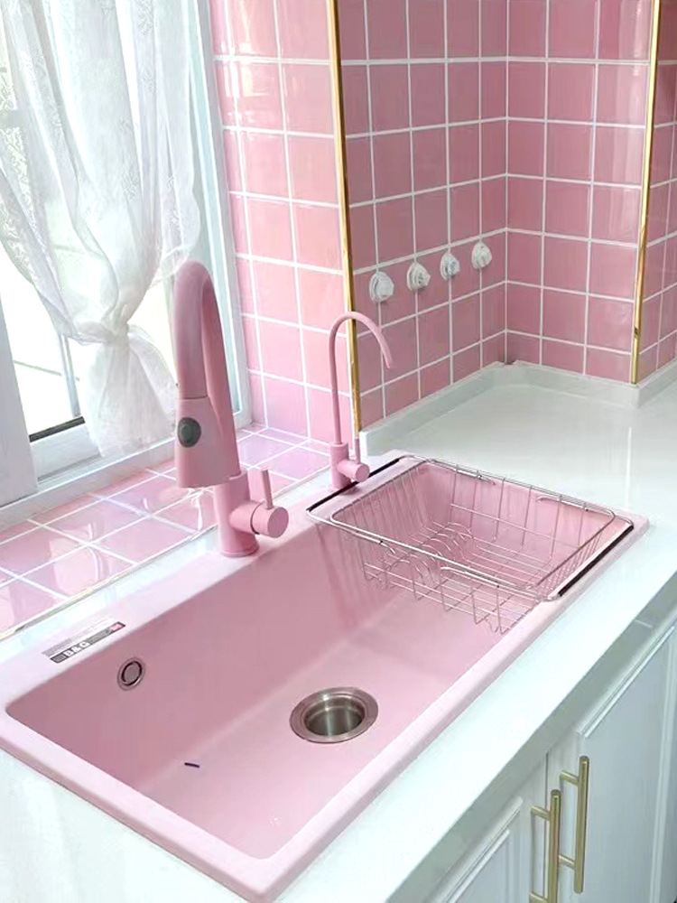 1S2J批发淡粉色石英石大单槽吧台盆中岛盆厨房台下彩色洗碗池洗菜
