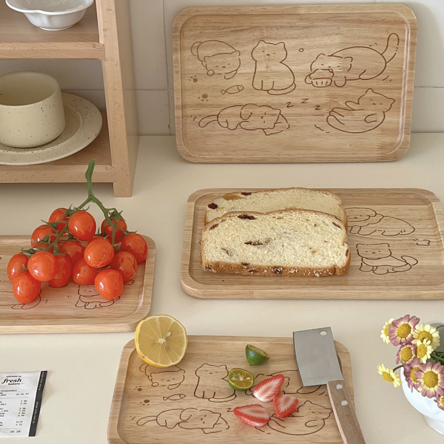 【Moonjin Bamboo】ins Korean small cat and dog rubber wood tray dinner plate home bread candy fruit tray
