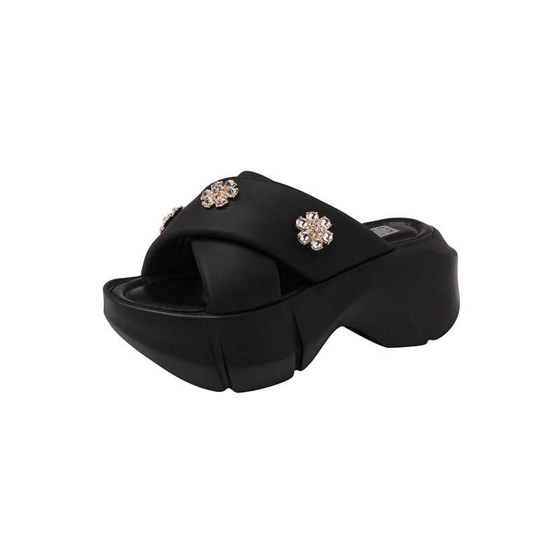 Dép sandal cao gót nữ quai chéo đính đá, đế platform dày, gót 9 cm — Màu đen, Màu trắng be
