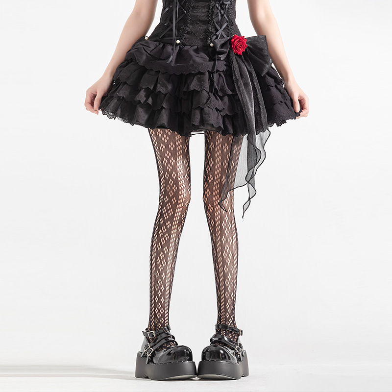 Pantimedias de encaje negro Delgado retro hueco diamante encaje Lolita chica caliente JK anti-enganche sexy calcetines de malla