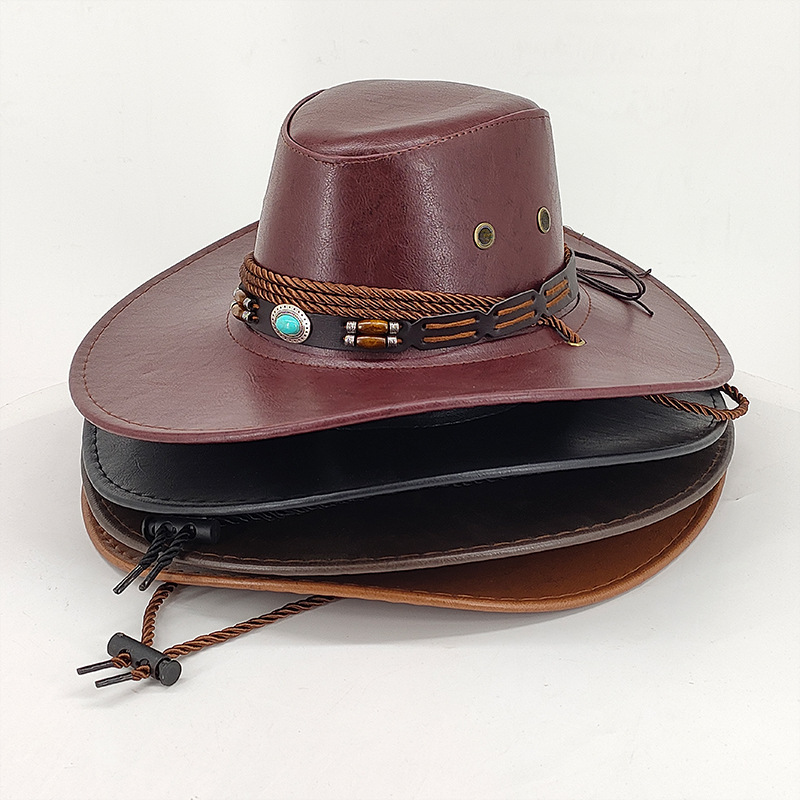 Unisex Ethnischer Windschatten Western Cowboyhut Glänzender Retro Leder Outdoor Sonnencreme Gerollter Ritterzylinder_voghion.com