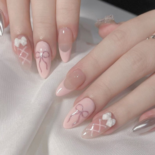 Sweet Pink Bow Nail Art Patch Detachable Glitter Ins Wind Dressing Armor False Nail Pieces French Nail Art