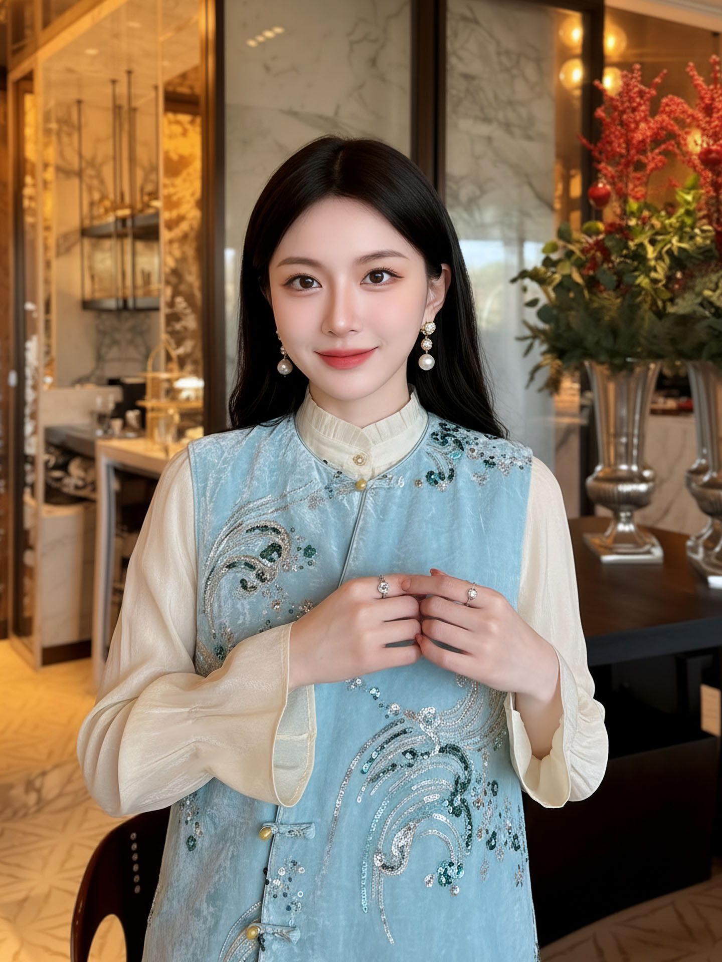 Áo gile cổ lọ nữ phong cách Trung Hoa mới, thêu đính cườm họa tiết nổi bật — xanh lam