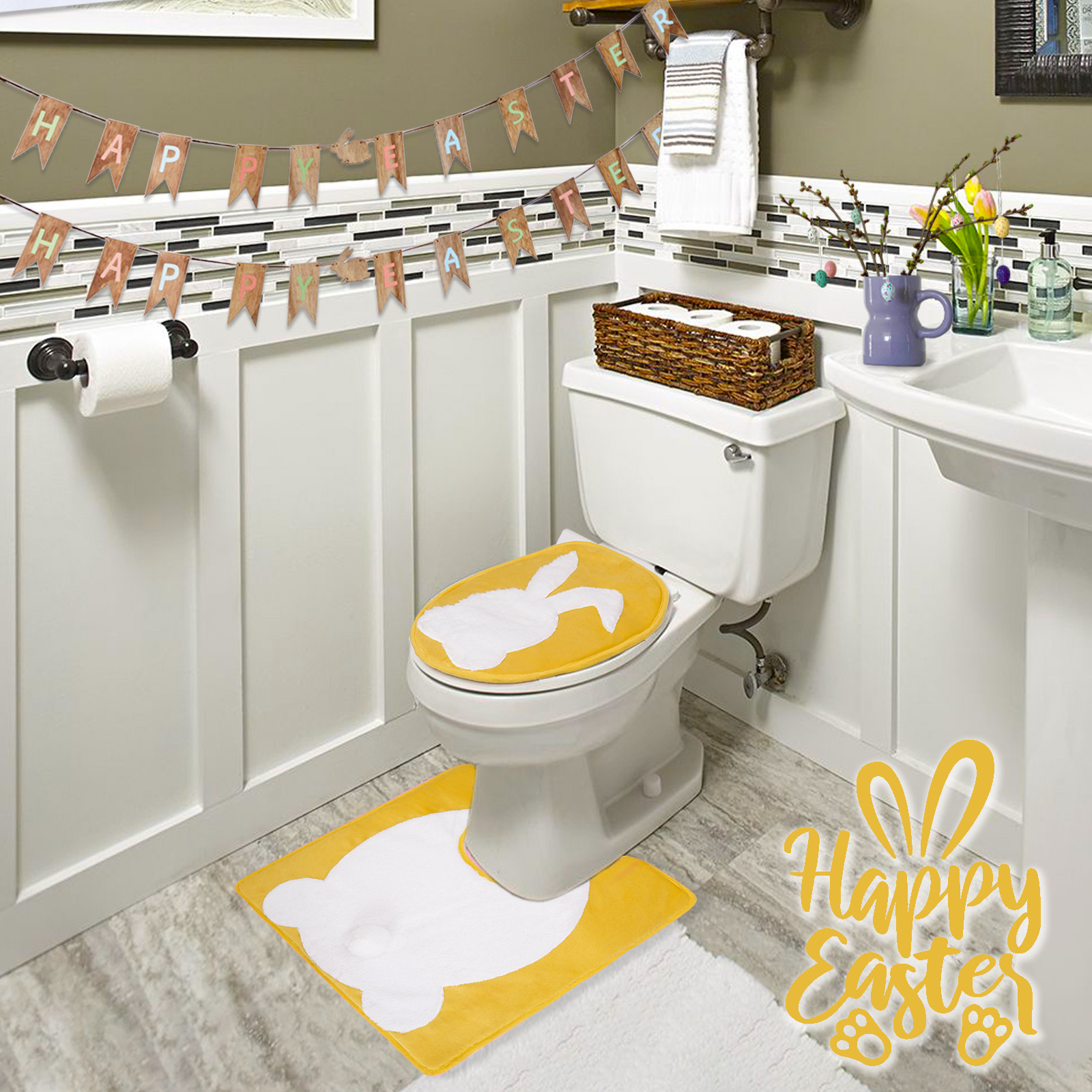 Nuevos productos transfronterizos decoración inodoro fiestas inodoro almohadilla de dos piezas set decoración conejo de Pascua inodoro almohadilla de pascua