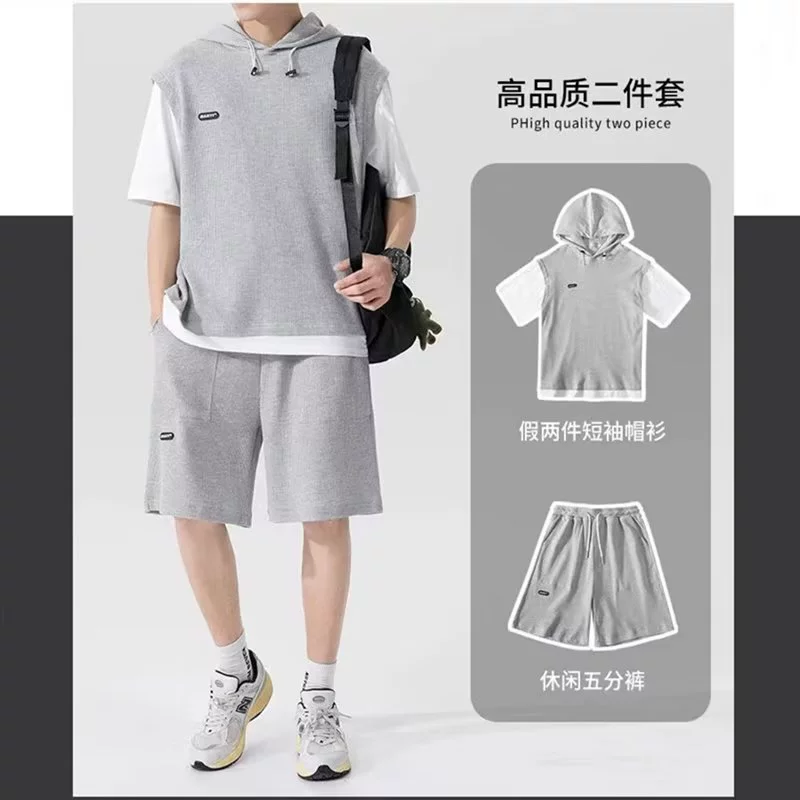 Поддельный спортивный костюм из двух частей из вафельного трикотажа с коротким рукавом, Мужская весенне-летняя футболка с капюшоном, шорты, комплект из двух предметов, красивая мужская одежда
