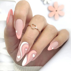 Matte Texture Almond Nails Heart French Wave 24 Pieces Boxed Western False Nails Pink Valentine's Day Nail Art
