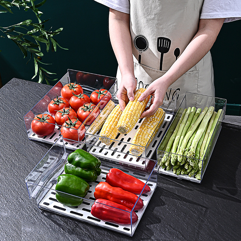 Caja de alimentos del refrigerador tipo cajón, caja de almacenamiento de drenaje superpuesta transparente de plástico, caja de acabado de frutas y verduras de grado alimenticio