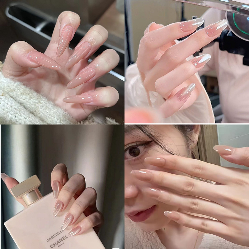 Hua Fei series nude ice transparent gentle almond hand-worn nail finished niche nail patch long 10 pieces