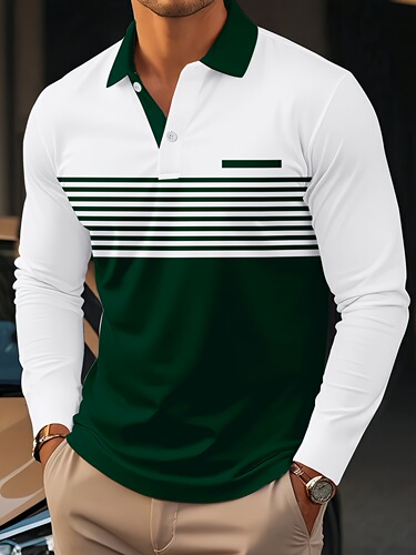 Men's Casual Striped Print Long Sleeve Polo Shirt