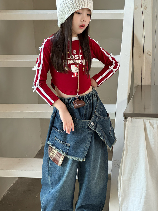 2025秋季新款童装 女童拼接牛仔裤 儿童宽松美式复古阔腿裤弯刀裤|undefined