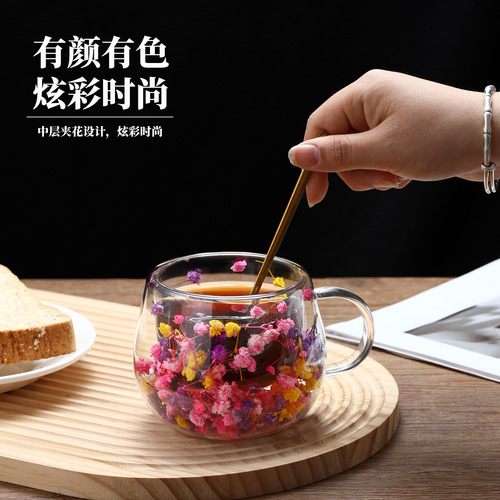 Creative double-layer dried flower cup, small round fun drinking cup with handle, milk cup made of high borosilicate glass, real flower cup