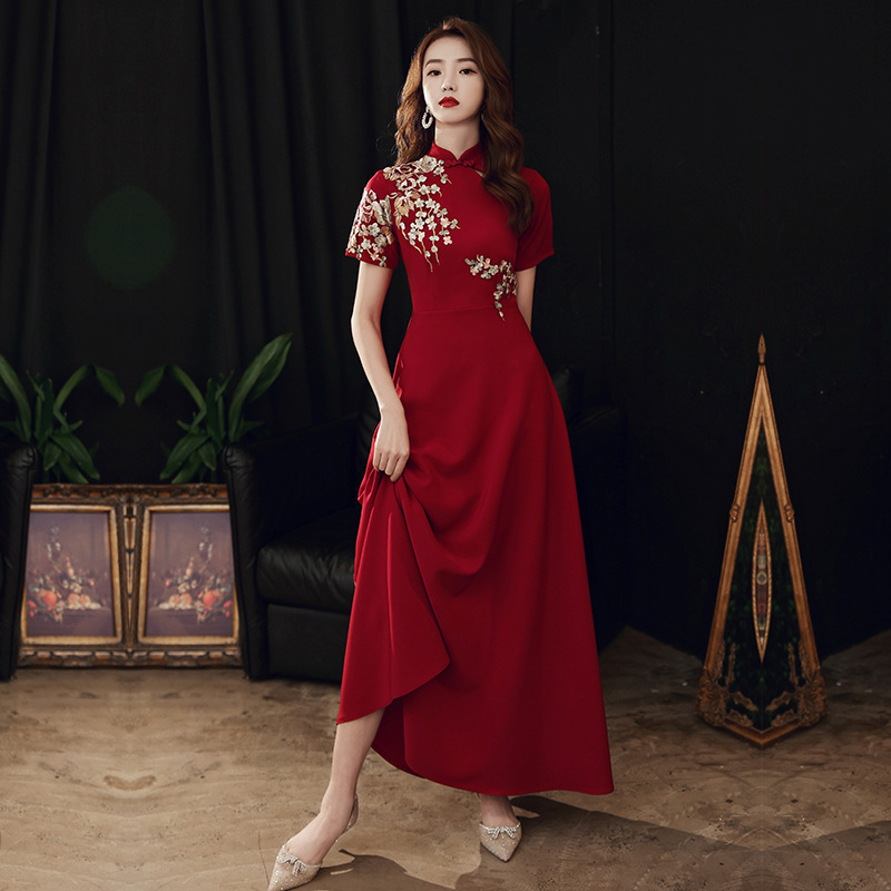 Pregnant women's cheongsam toast dress bride plus size chubby girl chorus performance dress wedding dress autumn and winter back-to-door Thank you banquet female