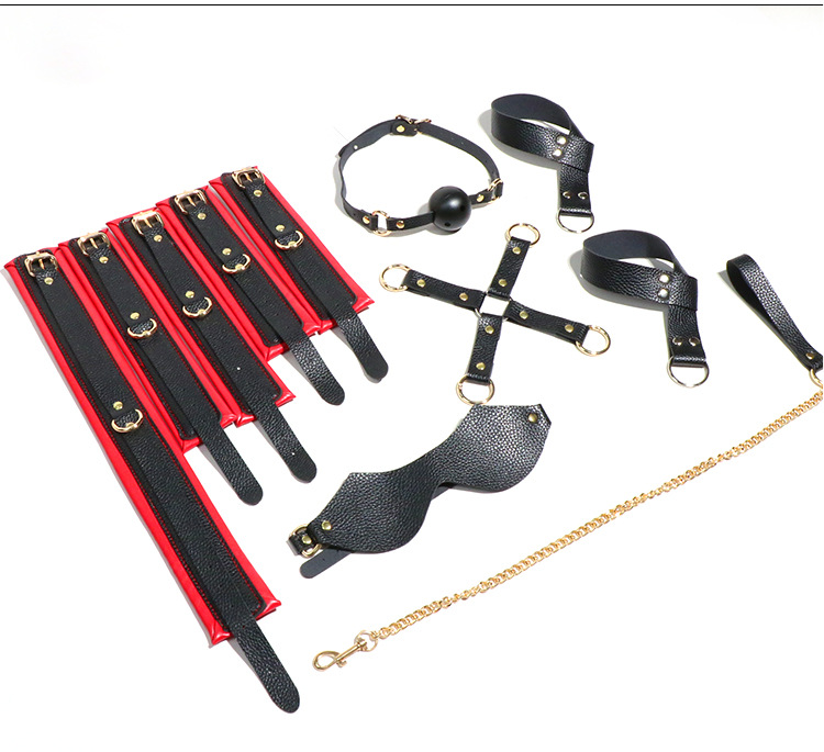 8-Piece Faux Leather Bondage Set with Metal Handcuffs, Black Adult Couple Kit — detail image 31