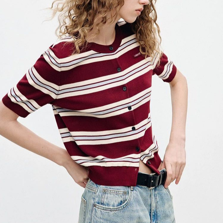Moco Knitted Cardigan for Women 2026 Spring New Acetate Cotton Retro Brown Striped Fitted Short Top with Regular Shoulders for Commuting Moco Knitted Cardigan for Women 2026 Spring New Acetate Cotton Retro Brown Striped Fitted Short Top with Regular Shoulders for Commuting