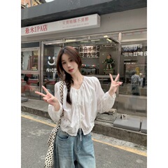 实拍 法式刺绣抽绳圆领长袖衬衫女春秋短款镂空花边白色上衣88865