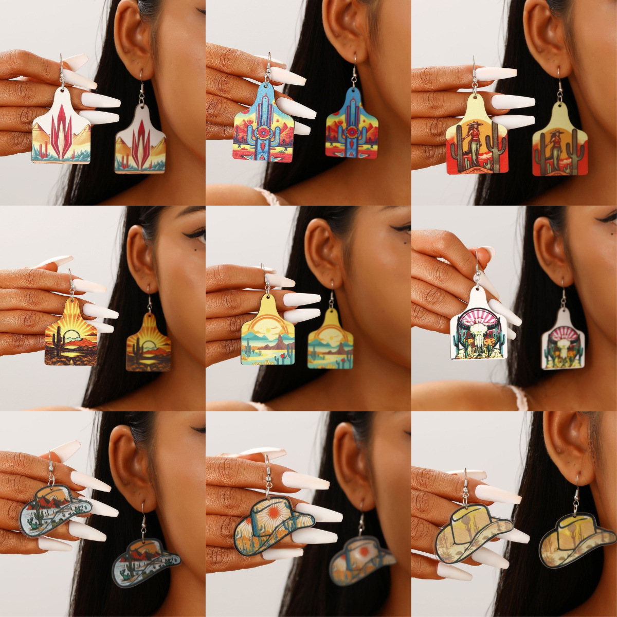 Cappello da cowboy in stile sportivo pastorale occidentale, dipinto di paesaggio di cactus, orecchini in legno acrilico da donna_voghion.com