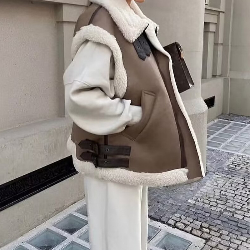 Cross-Border Women's Clothing Wholesale 2025 Autumn and Winter New European and American Style Fleece-Lined Warm Fur Integrated Vest Jacket