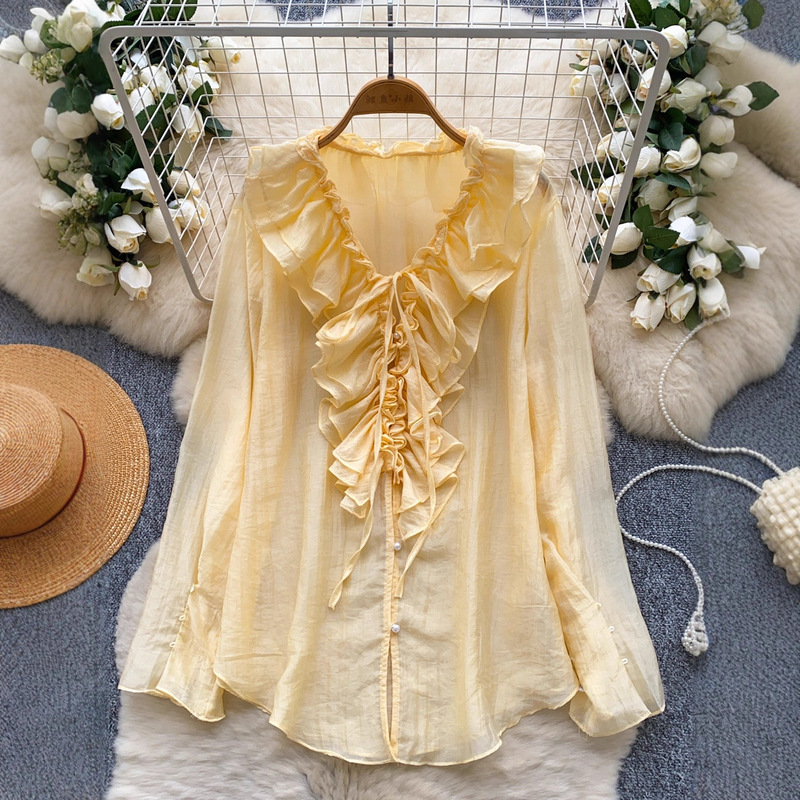 Carefully Selected Retro Palace-Style Long-Sleeved Shirts for Women in Autumn with Ruffled Ties and Loose Designs for Mature and Elegant Ladies