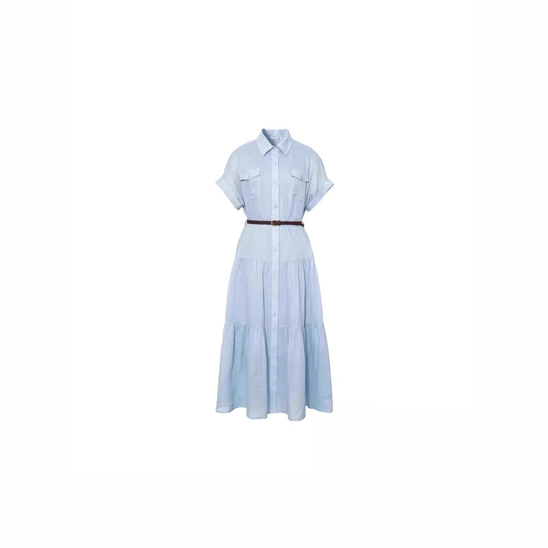 [Celebrity Style] Ramie Short-Sleeved Exquisite Mid-Length Dress with Free Belt 2026 Spring New Style