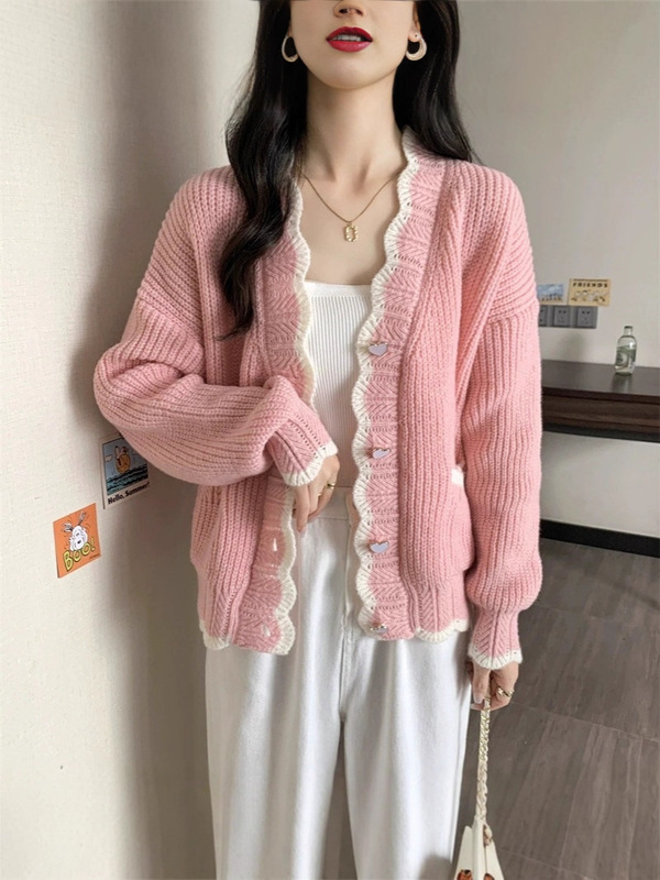 韩版波浪边设计感爱心扣针织开衫秋冬新款撞色V领宽松毛衣女外套|undefined