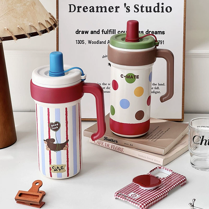 Thermos with glass, capacious high quality tea cup, handheld straw for students