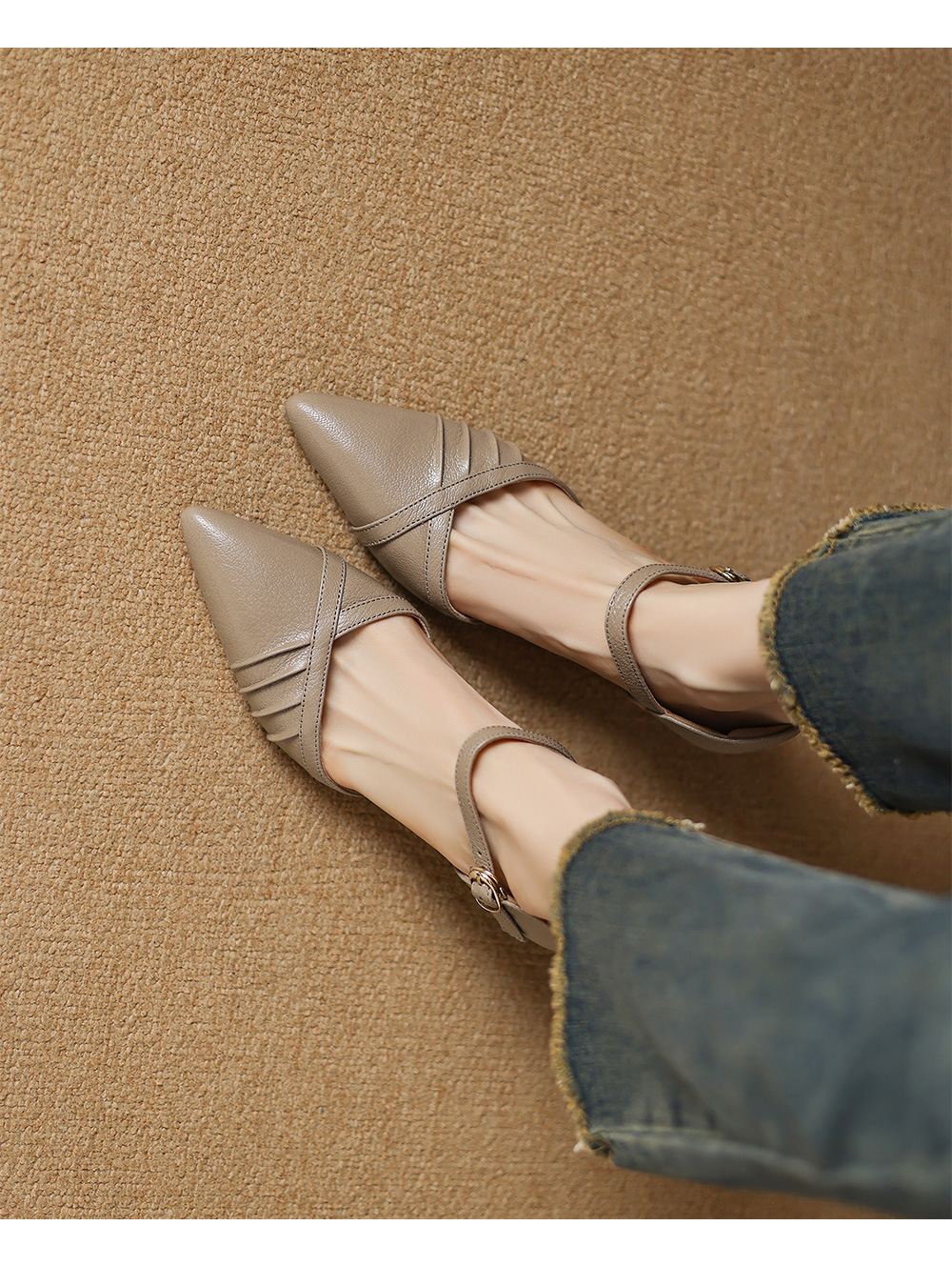 Giày sandal cao gót nữ quai ngang mũi nhọn da cừu gót 5,5 cm — đen chi tiết 10