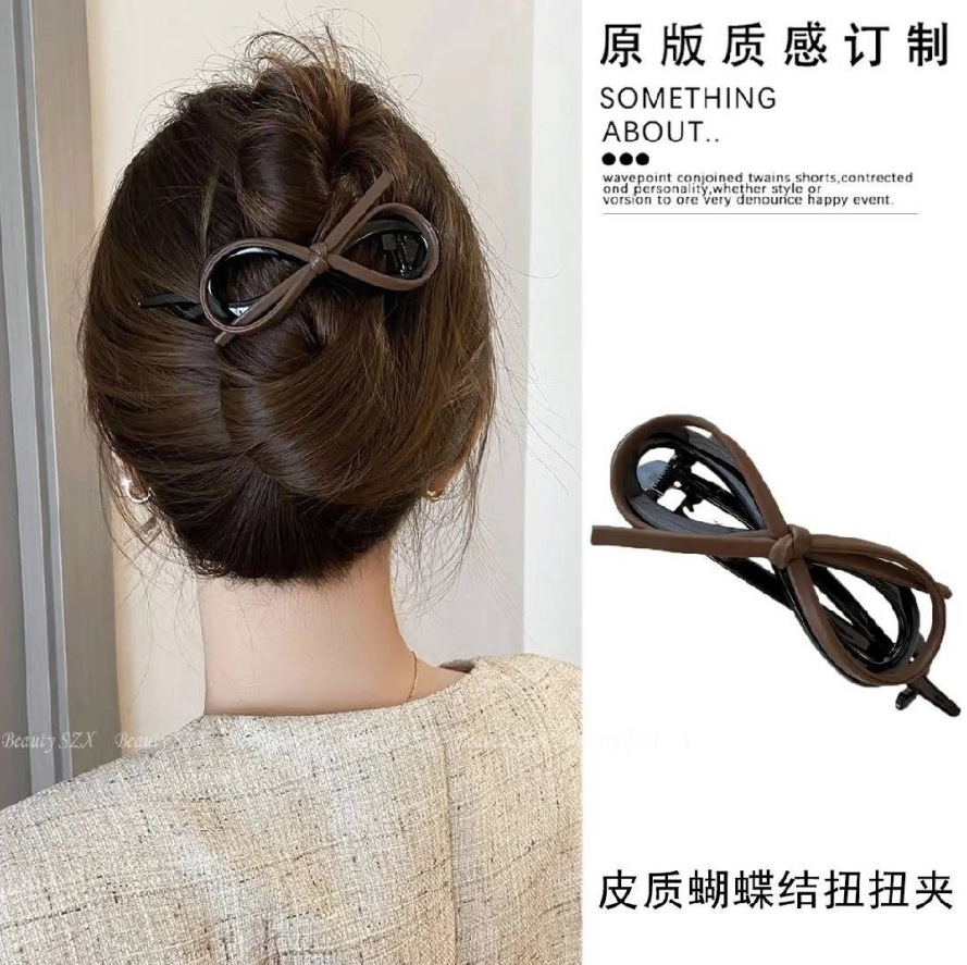 MYK专用甜酷豹纹皮质蝴蝶结发量少扭扭夹秋冬一字发夹女后脑勺夹