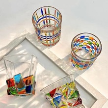 会折射彩虹光泽彩绘水杯手绘玻璃描色七彩水杯水杯色块玻璃杯