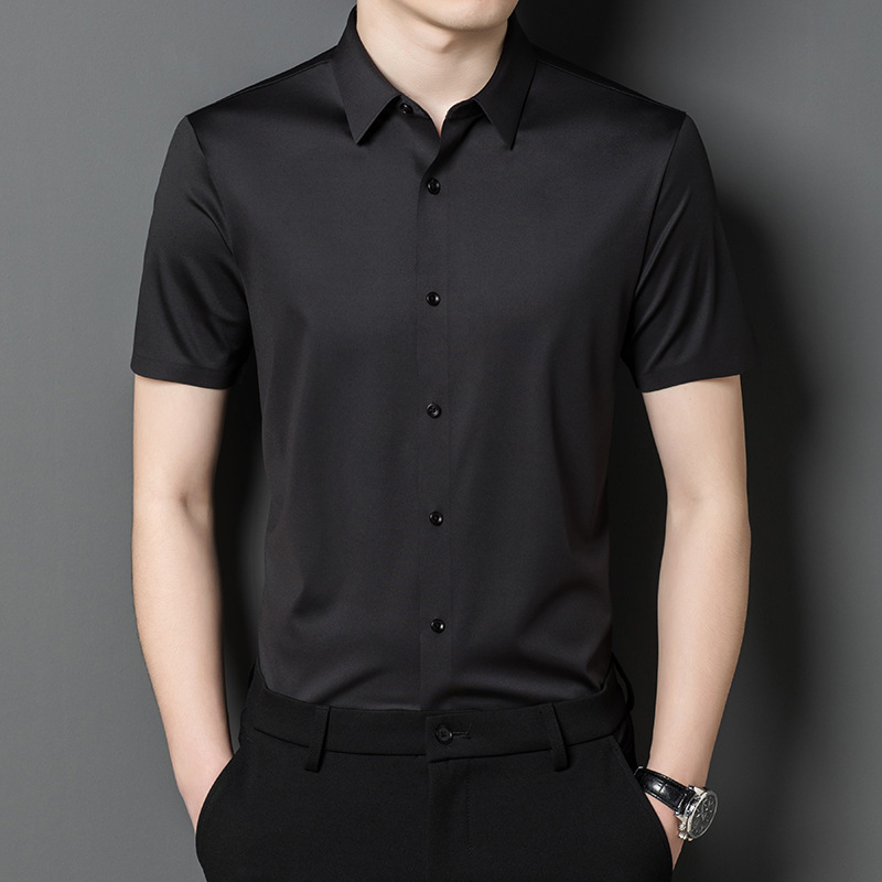 New brocade ammonia four-sided stretch white shirt laser cutting non-ironing casual stretch shirt seamless short sleeve shirt for men