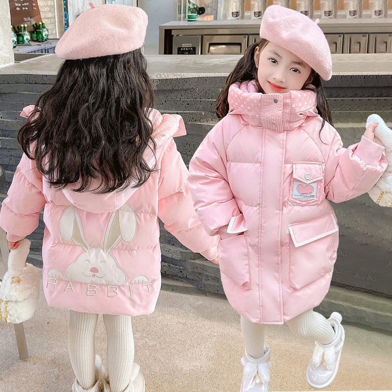 2024 Girls' and Little Girls' New Cotton Coats with Rabbit Design, Extended and Thick Cotton Coats, Korean Version Cartoon Style, for Middle Children and Kindergarten