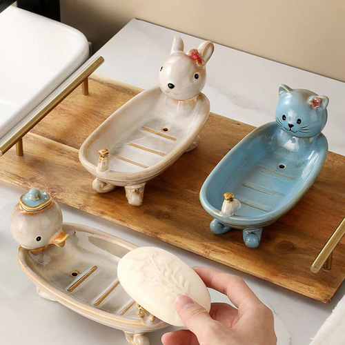 欧式陶瓷动物沥水香皂盒兔年卫生间洗澡香皂盒双层防水沥水肥皂盒