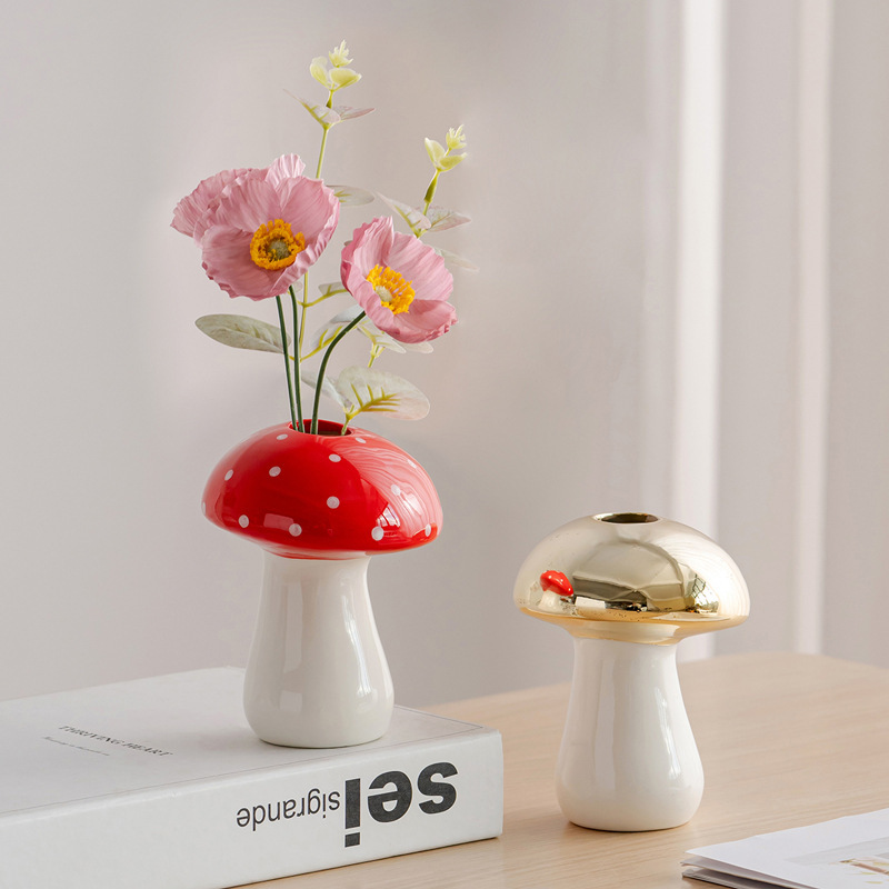 Red Mushroom Ceramic Vase Flower Household Decorations Hydroponic Flower Vase Desktop Ornaments Crafts