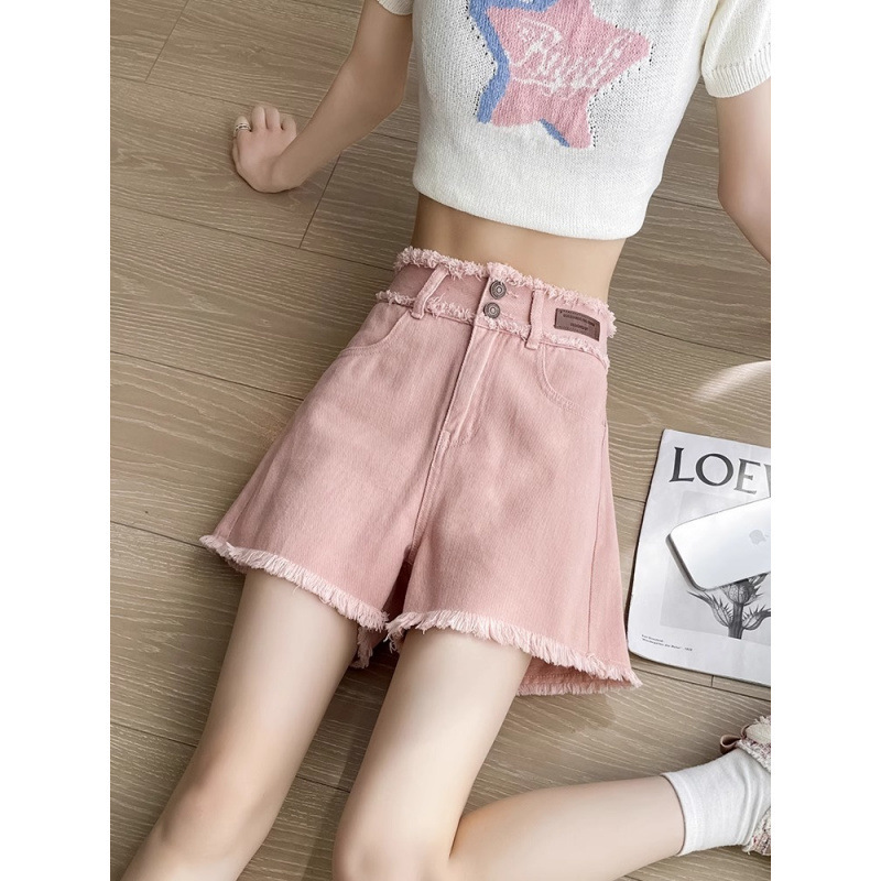 Dirty Pink Denim Shorts for Women Summer Thin 2025 Double Button High Waist Straight Wide Leg Slimming Look Raw Edge Hot Pants