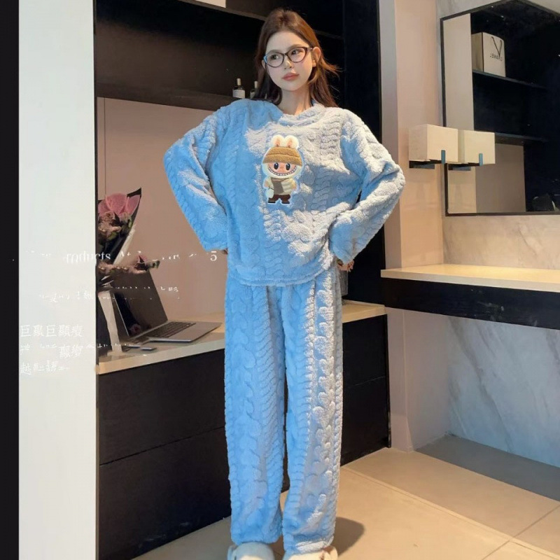 2025秋冬款珊瑚绒爱心睡衣女卡通可外穿加厚保暖爱心软绵绵家居服|undefined