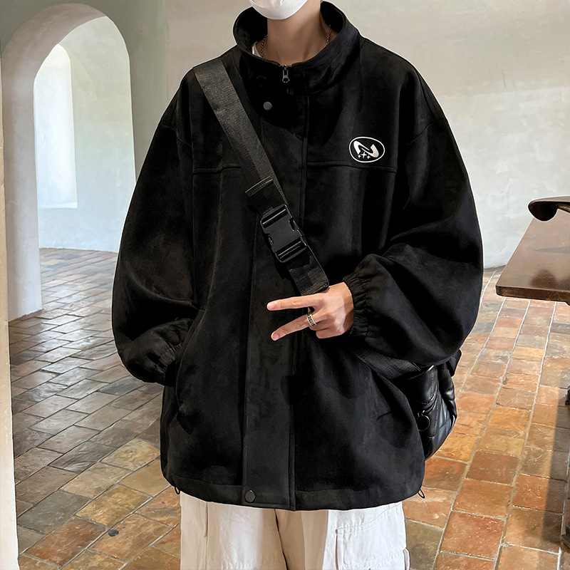 Chaqueta pesada con etiqueta de gamuza japonesa suelta retro para hombre, chaqueta de solapa gruesa de la marca de moda cityboy de otoño e invierno para hombre