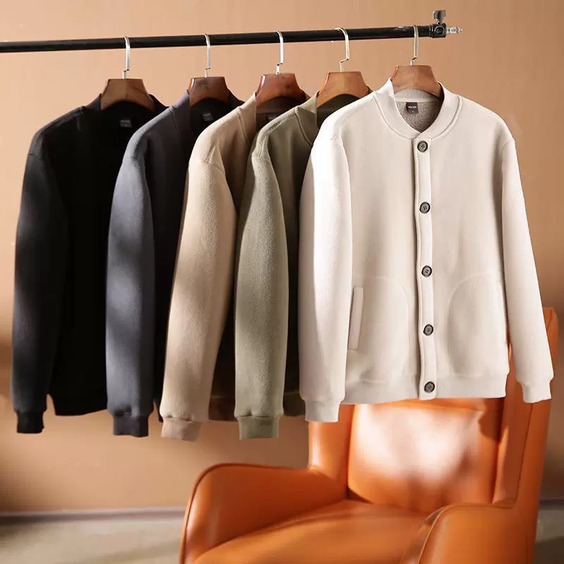 美式复古夹克秋冬加绒外套男保暖摇粒绒夹克开衫纯色抓绒衣棒球服