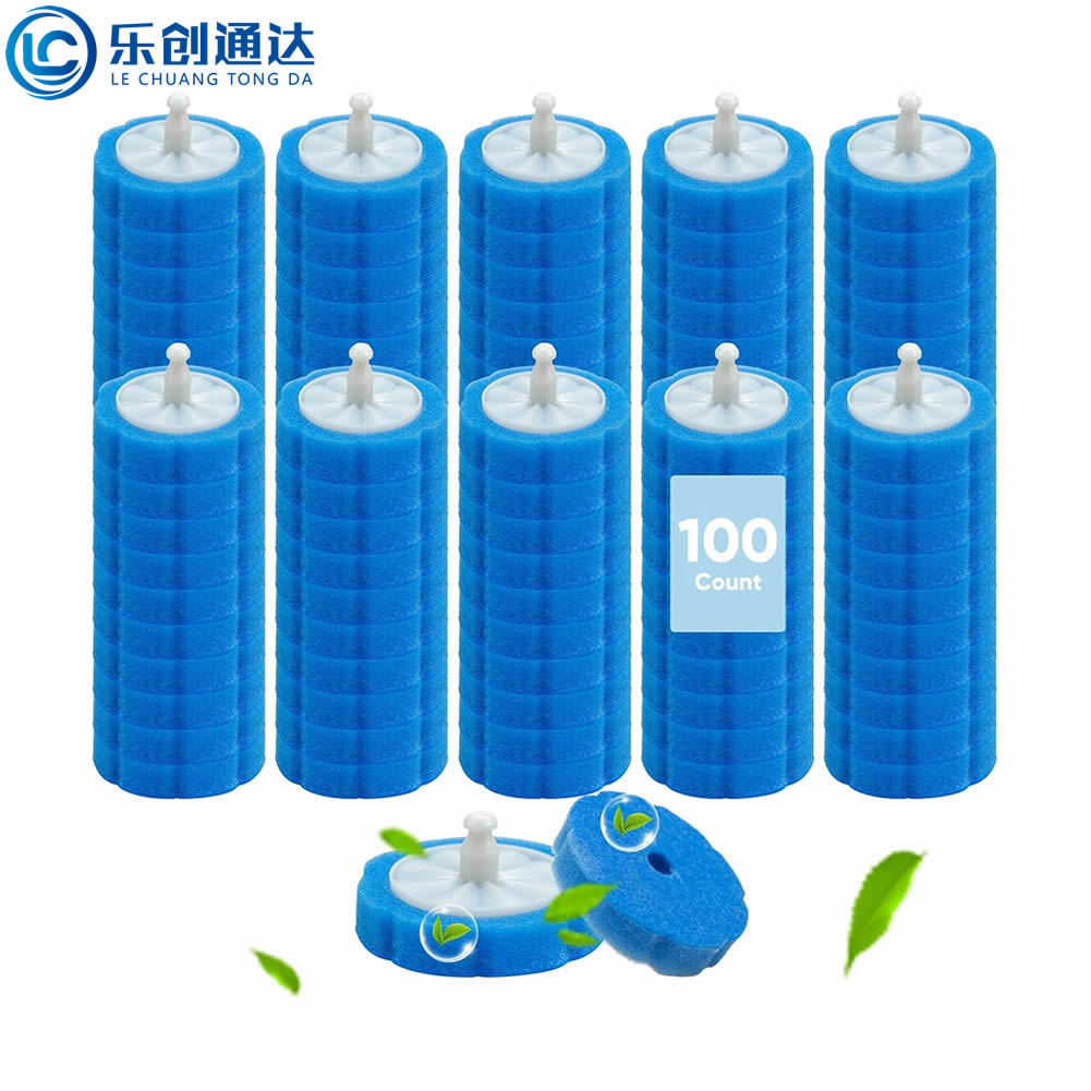 Lechuang disposable toilet brush replacement heads, 100 pieces, blue sponge cleaning brush heads with built-in dissolvable detergent