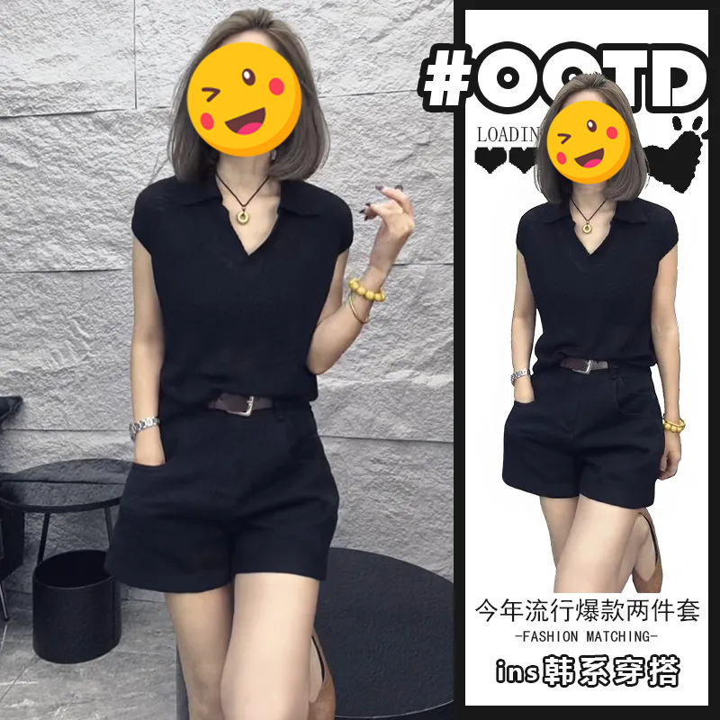 Single Piece/Cute and Simple Women's 2025 Summer Fashionable Black Short-Sleeved Top High-Waisted Hip-Covering Wide-Leg Shorts