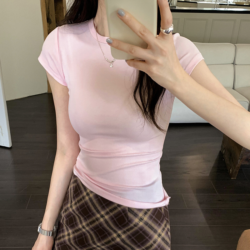 European Top Round Neck Slim-fit Short-sleeved T-shirt Women's Summer 2024 New Design Niche Sweet and Spicy Shirt