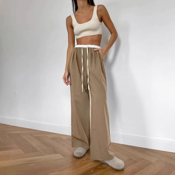 Autumn New Street Simple Solid Color Loose Straight Trousers Women's European and American Lace-up Color Contrast Sports Casual Pants