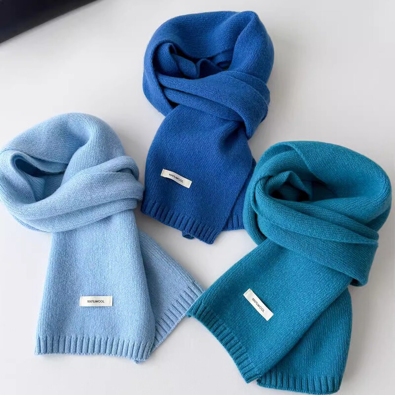 Korean Style New Versatile Pure Color 100% Pure Wool Scarf Women's Autumn and Winter Warm Knitted Scarf Fashionable Versatile Scarf